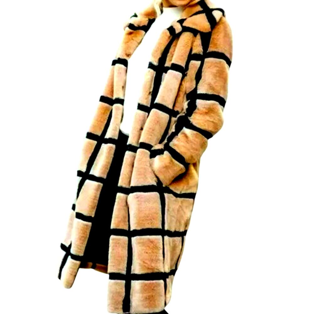 AVEC LES FILLES‎ Women's XS Golden Brown Checker Windowpane Vegan Faux Fur Coat